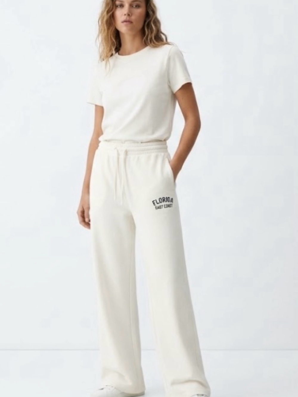 ZARA Crisp White Florida East Coast Wide Leg Sweatpants Size M NWOT